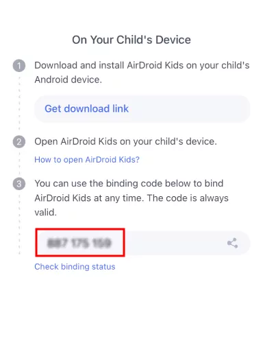 AirDroid Parental Control bingding code