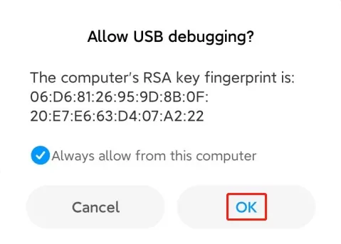 autoriser le débogage USB