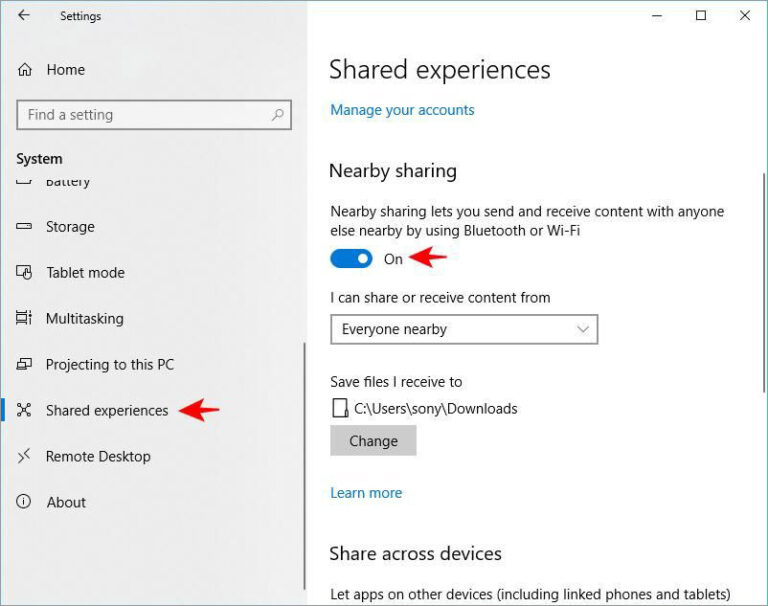 disable nearby sharing windows 10