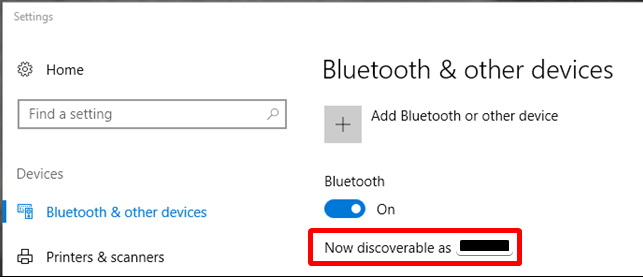 Menú de Bluetooth de una PC autorizando el ser detectable por otros dispositivos.