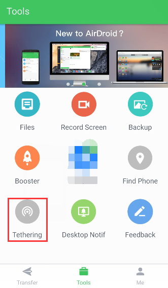 Airdroid en un celular móvil seleccionando la opcion de herramientas y accediendo a la opción de anclaje