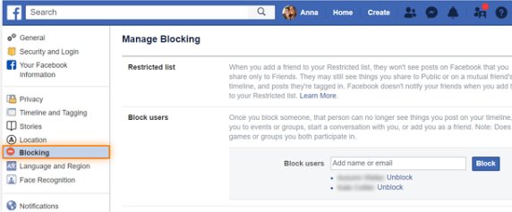 block users on Facebook
