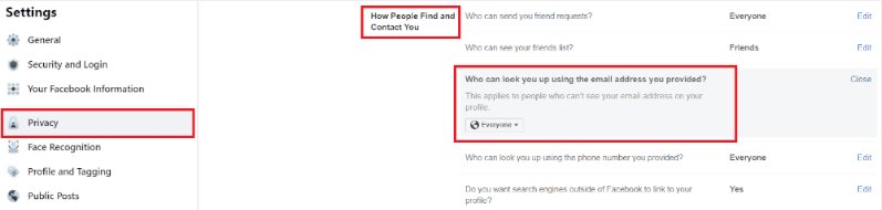 Facebook privacy setting about contacting someone