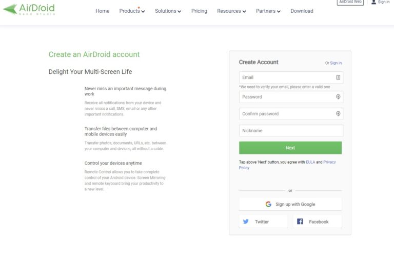 Création d'un compte airdroid