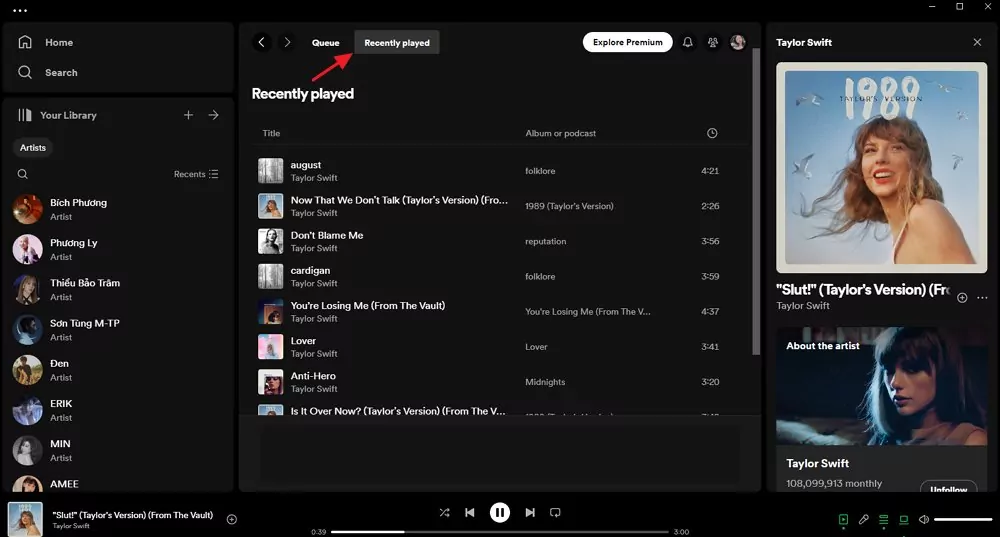 Spotify recently played on desktop