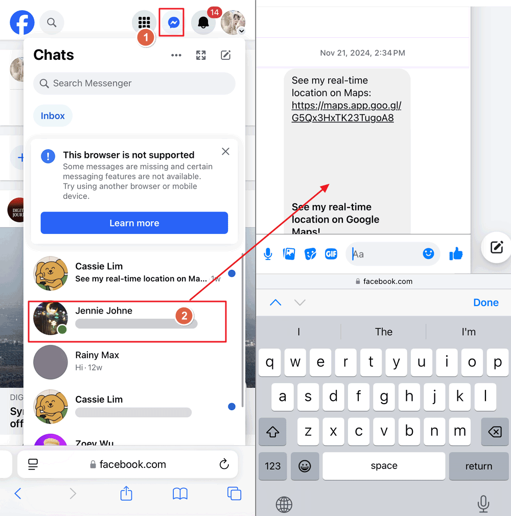 controllare i messaggi sul sito di Facebook da Safari mobile