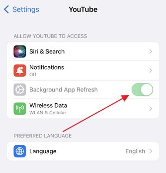 enable background app refresh Youtube on iPhone