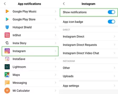 enable Instagram notifications on android