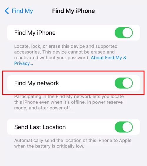 turn on Find My Network