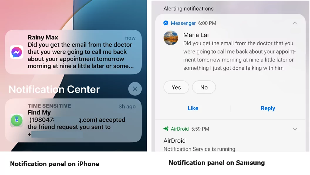 notification panel difference on iPhone and Samsung