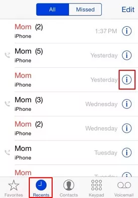 see recent call history on iOS