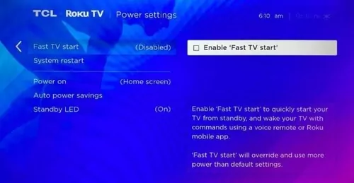 enable Fast TV Start on Roku TV