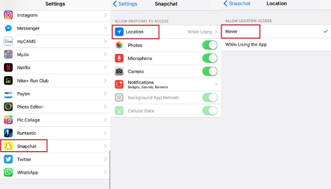 turn off location on Snapchat iOS