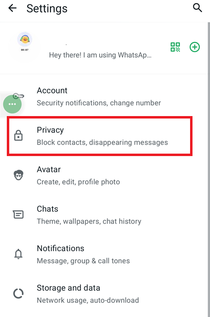 Privacidad en Ajustes de WhatsApp