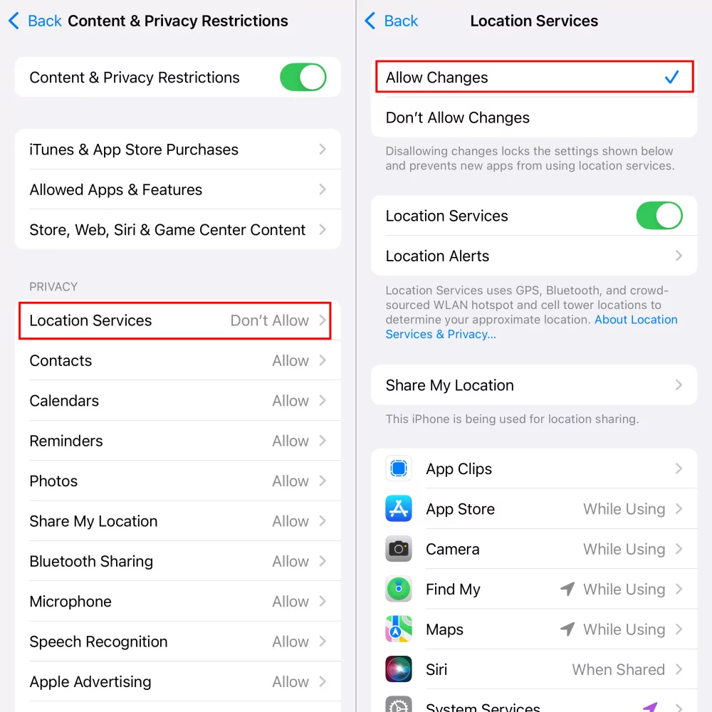 allow location changes on iPhone