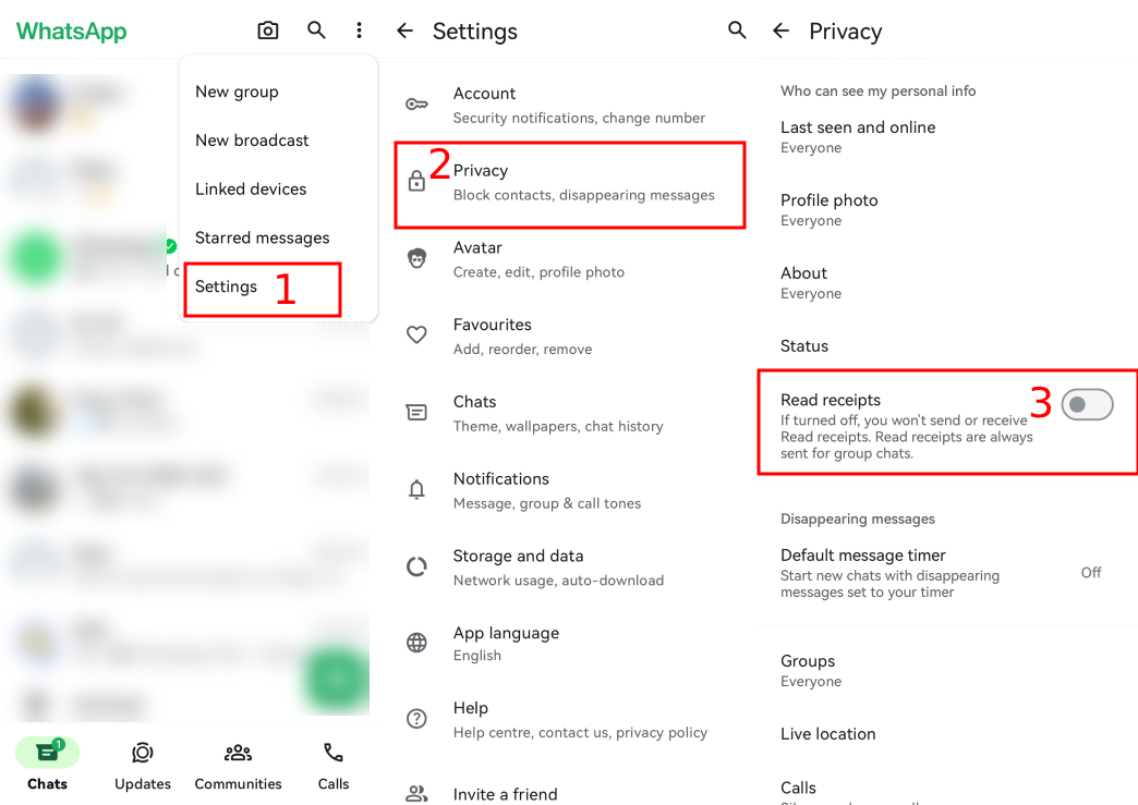 turn off WhatsApp read receipts on Android phone