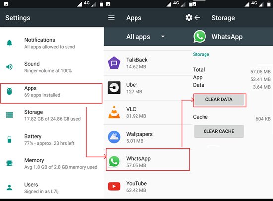 clear WhatsApp data and cache