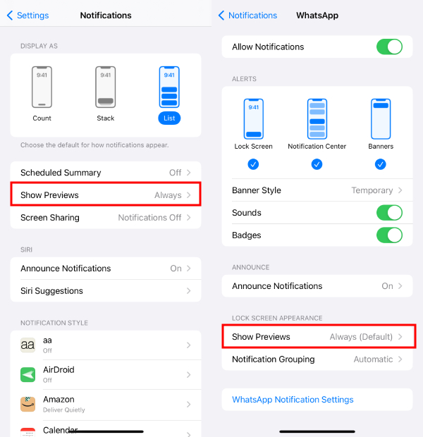 enable WhatsApp notifications on iPhone settings