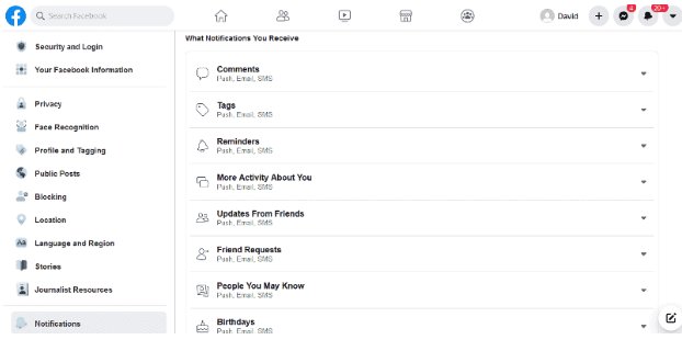 Configurações de notificações do Facebook