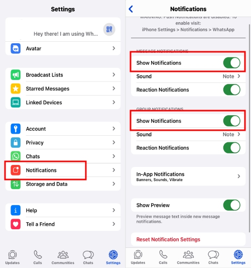 iPhone enable WhatsApp show notifications