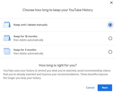 choose how long to keep YouTube history