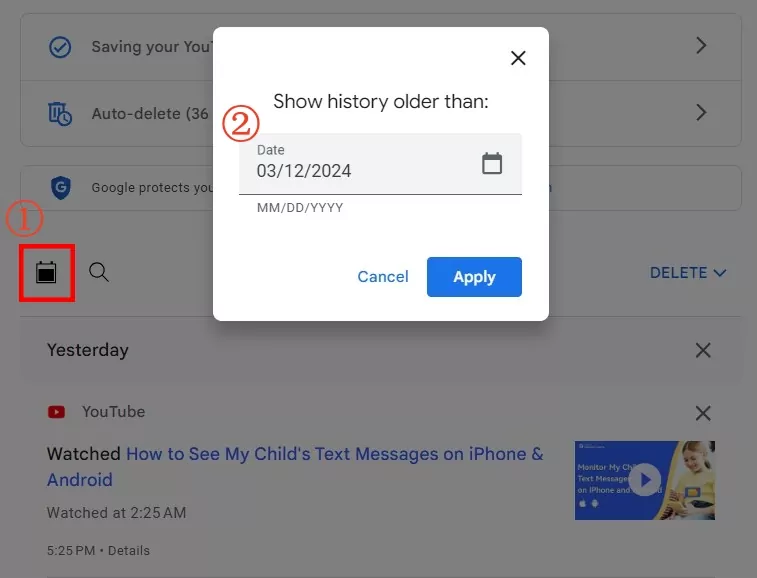 search YouTube history by date