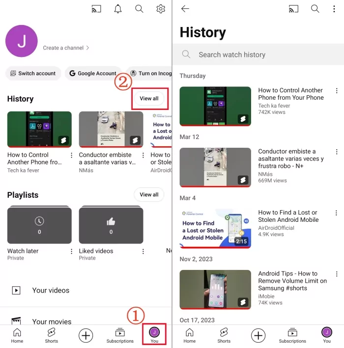 see YouTube history on mobile