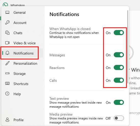 turn on WhatsApp desktop app notifications
