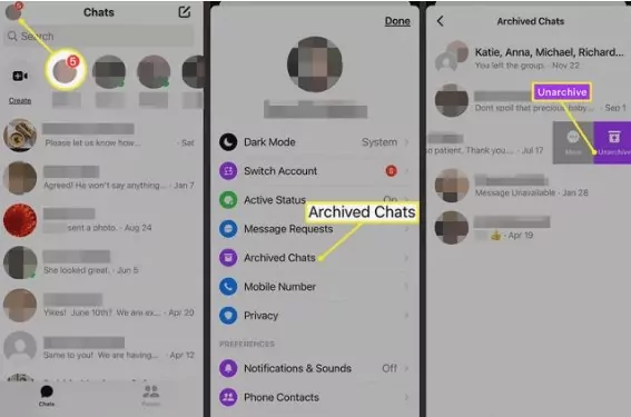  Image de l'application Messenger, montrant commet désarchiver une conversation archivée sur un téléphone