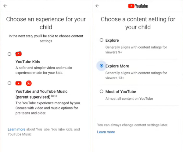 Google Family Link set parental controls on YouTube