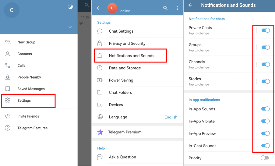 enable Telegram in-app notifications on Android phone