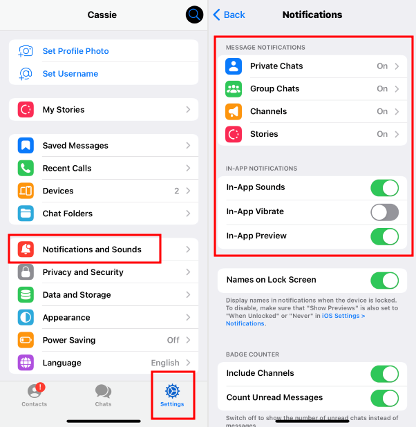 enable Telegram in-app notifications on iPhone