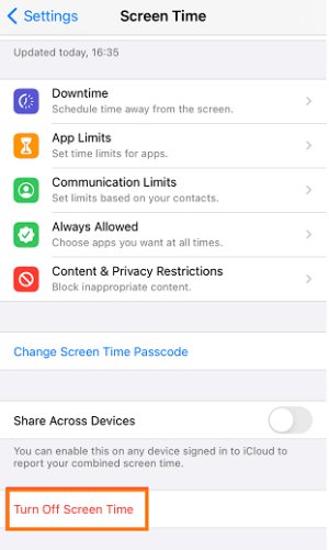 tap turn off Screen Time