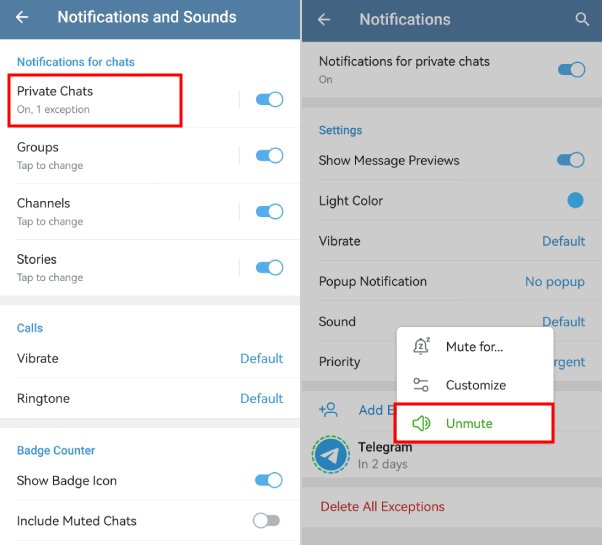 Telegram unmute chats on Android