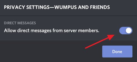 toggle allow messages from server member to off