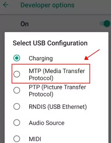 choose MTP for USB settings on Android