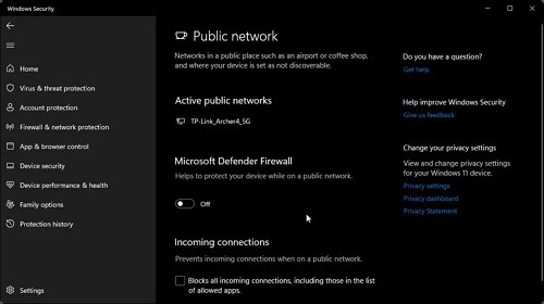 Turn off the Microsoft Defender Firewall