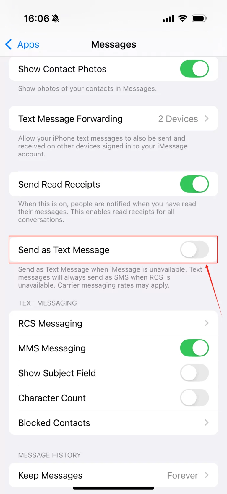 enable send as sms on iphone