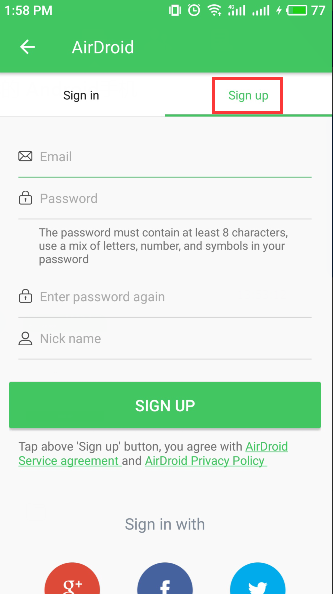 sign up airdroid account