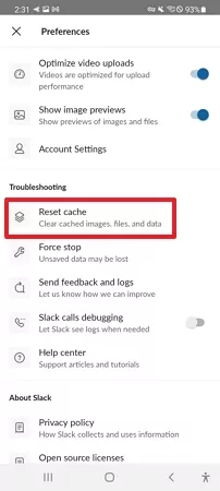 tap on reset cache