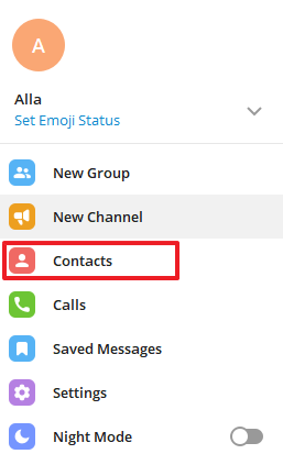 Telegram contacts icon on desktop
