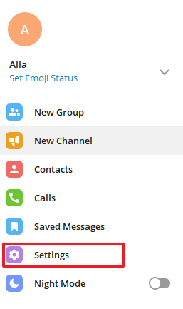 Telegram settings icon on desktop