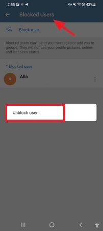 unblock from the blocked users list