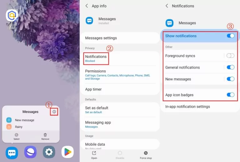 turn on notifications for Messages app