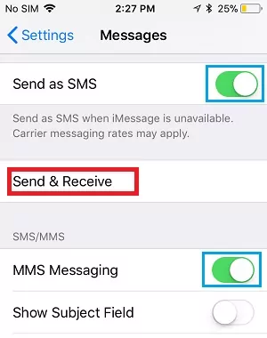 opción enviar y recibir en iPhone