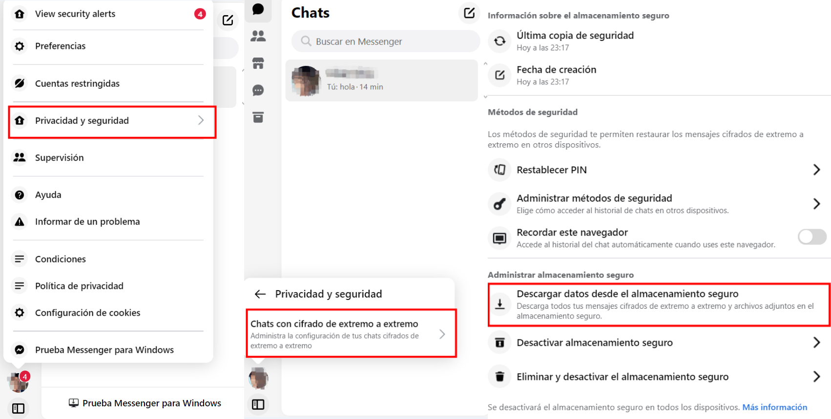 Descargar tus Datos desde el Almacenamiento Seguro messenger