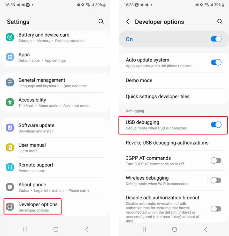enable usb debuging on Android device