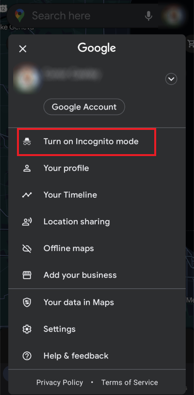turn on Google Maps incognito mode