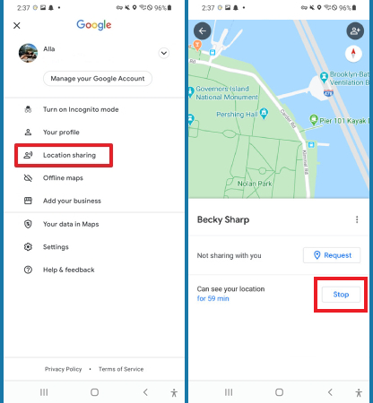 stop location sharing on Google Maps