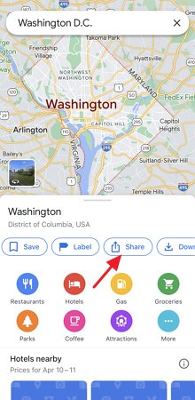 search for a location and tap on share